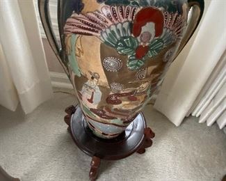 Antique Chinese Hand Painted Famille Rose Vase. Handles. Rosewood Stand