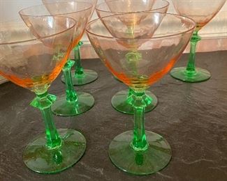 Vintage Watermelon(pink)/Vaseline(stem) Depression Stemware