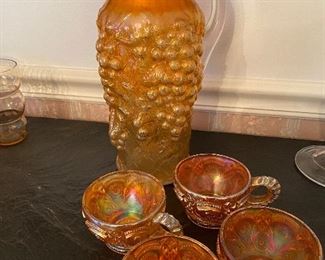 RARE HTF!! Northwood Marigold TALL Carnival Glass Grapes, Ewer