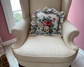 John M Smythe  Ivory Silk Brocade Wing Back Chair (2)
