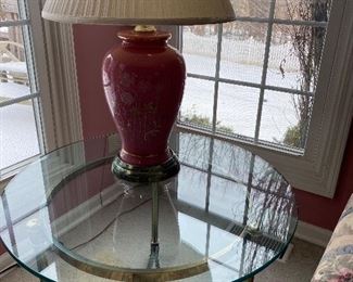 John M Smythe Glass Brass Occasional Table