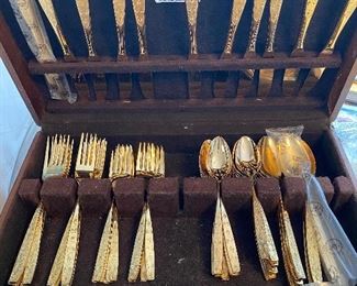 Grand Prix, Fleur De Lis Gold Stainless Flatware,12 Piece Place Setting Plus Service/Chest