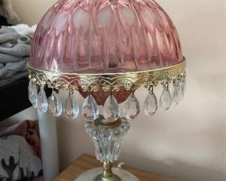 "Faux Oil Lamp") Electric. Cranberry Style Shade/Prisms