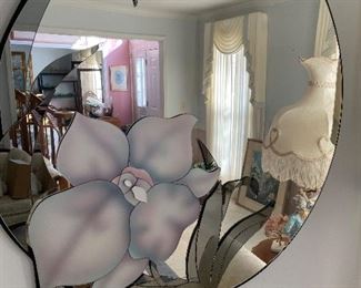 1980's Stained/Leaded Glass Mirror. Signed David Marshall. Measures 36 1/4 X 37.5