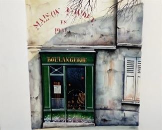$100.00   -   Unframed Watercolor Maison Fondee en 1901 Red Ink Signed

 LOCATION: Bethesda, MD

 WHY WE LOVE IT:

 Lovely watercolor with bright green focal Boulangerie. Signed by unknown artist in red right lower corner. 

 DETAILS + DIMENSIONS:

 25.5 x 20 Full Piece with border 
CONDITION: Very good condition.  No fading, tears or areas with wear. Please refer to photos for a more detailed look at condition.  We make every attempt to list and photograph any defects or signs of wear that are significant to this sale. 

 

LOCAL PICK UP BETHESDA, MD.   BUYER IS RESPONSIBLE FOR ANY NECESSARY DISASSEMBLY AND ALL COSTS ASSOCIATED WITH SHIPPING OR PICK UP.  PLEASE CONTACT US FOR SHIPPING REFERRALS