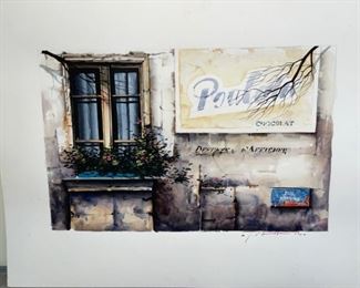 $100   -   Unframed Watercolor "Poulain Chocolat" Red Ink Signed Lower Right

 LOCATION:  Bethesda, MD

 WHY WE LOVE IT:

European street scene with chocolate shop window titled "Vins Fins" or fine wine. Great tonal background with small details in color.

 DETAILS + DIMENSIONS:
Matted 12" x 16" 
Unmatted 7" x 10"
 

CONDITION: Piece is in great condition. Please refer to photos for a more detailed look at condition.  We make every attempt to list and photograph any defects or signs of wear that are significant to this sale. 

 

LOCAL PICK UP BETHESDA, MD.  BUYER IS RESPONSIBLE FOR ANY NECESSARY DISASSEMBLY AND ALL COSTS ASSOCIATED WITH SHIPPING OR PICK UP.  PLEASE CONTACT US FOR SHIPPING REFERRALS