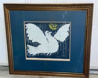$200 - Irwin Rosenhouse Woodcut Block Dove 3/60 Framed Art
LOCATION: Germantown, MD
WHY WE LOVE IT:
Vintage Irwin Rosenhouse original woodcut woodblock artist proof Noahs Bird. He is a very well regarded NY artist, gallery owner, teacher. He is now deceased, so there will be no more.
DETAILS + DIMENSIONS:  18" x 16" - framed
CONDITION: Please refer to photos for a more detailed look at condition.  We make every attempt to list and photograph any defects or signs of wear that are significant to this sale. 
LOCAL PICK UP GERMANTOWN MD.   BUYER IS RESPONSIBLE FOR ANY NECESSARY DISASSEMBLY AND ALL COSTS ASSOCIATED WITH SHIPPING OR PICK UP.  PLEASE CONTACT US FOR SHIPPING REFERRALS
