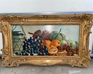 $3000 - William Hughes Still Life Fruit Painting Gold Framed  1882
LOCATION: Germantown, MD
WHY WE LOVE IT:
William Hughes oil painting on canvas, still life with fruit and a silver vase. Signed and dated lower right. William Hughes (British 1842-1901) is noted for his still life paintings.  He was a pupil of George Lance and W.H. Hunt and lived in London and Brighton, England. He exhibited at the Royal Academy, The British Institution, The Society of British Artists at Suffolk Street and the Grosvenor Gallery.
DETAILS + DIMENSIONS: 23.5" x 13.5"
CONDITION: Please refer to photos for a more detailed look at condition.  We make every attempt to list and photograph any defects or signs of wear that are significant to this sale. 
LOCAL PICK UP GERMANTOWN MD.   BUYER IS RESPONSIBLE FOR ANY NECESSARY DISASSEMBLY AND ALL COSTS ASSOCIATED WITH SHIPPING OR PICK UP.  PLEASE CONTACT US FOR SHIPPING REFERRALS