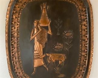 $90 - Black Copper Platter Woman Carrying Water - Raised Relief
LOCATION: Washington, D.C.
DETAILS + DIMENSIONS: 15" x 19" 
CONDITION: Please refer to photos for a more detailed look at condition.  We make every attempt to list and photograph any defects or signs of wear that are significant to this sale. 
LOCAL PICK UP WASHINGTON DC.   BUYER IS RESPONSIBLE FOR ANY NECESSARY DISASSEMBLY AND ALL COSTS ASSOCIATED WITH SHIPPING OR PICK UP.  PLEASE CONTACT US FOR SHIPPING REFERRALS.