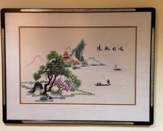 $150.00     Framed Asian Silk Needlepoint Landscape with Fisherman

LOCATION:n Bethesda, MD

WHY WE LOVE IT:

This is a beautiful piece of Asian hand-sewn embroidery on silk. Perfect for the collector of Asian art. Gorgeous river scene with fisherman, boat, and house in a pastel palette. Black frame with Gold accents on each side with a raw silk mat.

 

DETAILS + DIMENSIONS: 29" x 22"

  

CONDITION: This is a vintage piece that is in good vintage condition with sign of wear to be expected with age.  Please refer to photos for a more detailed look at condition.  We make every attempt to list and photograph any defects or signs of wear that are significant to this sale. 

 

LOCAL PICK UP BETHESDA, MD. BUYER IS RESPONSIBLE FOR ANY NECESSARY DISASSEMBLY AND ALL COSTS ASSOCIATED WITH SHIPPING OR PICK UP.  PLEASE CONTACT US FOR SHIPPING REFERRALS.