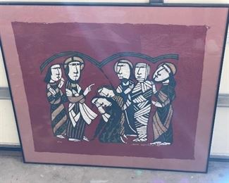 $1000 - Sadao Watanabe 1981 Japanese Print Art numbered 1/100 Framed

 LOCATION: Germantown, MD

 WHY WE LOVE IT:

Sadao Watanabe, born and raised in Tokyo, was a Japanese printmaker in the 20th century. Watanabe was famous for his biblical prints rendered in the mingei tradition of Japan. 

Watanabe uses kozo paper (from mulberry tree) and momigami (kneaded paper). The momigami paper was crumpled by hand, squeezed and wrinkled to give a rough quality to the prints. The katazome method uses traditional organic and mineral pigments in a medium of soybean milk. The protein in the milk bound the colors to the paper's surface. The use of natural materials is one of the characteristics of mingei (folk art).

 DETAILS + DIMENSIONS:   33" x 30"

CONDITION: Please refer to photos for a more detailed look at condition.  We make every attempt to list and photograph any defects or signs of wear that are significant to this sale. 

LOCAL PICK UP GERMANTOWN MD.   BUYER IS RESPONSIBLE FOR ANY NECESS
