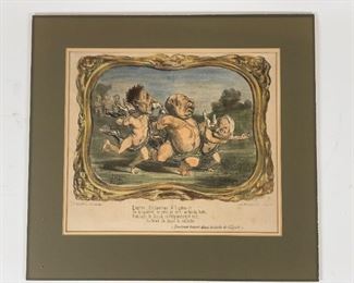 $75 - HONORE DAUMIER EMPIRE ORLEANISME ET LEGITIMITE - 3 PUTTI MEN CHEZ AUBERT & CO            
Located in Bethesda, MD - LOCAL PICK UP      
Honoré-Victorin Daumier was a French painter, sculptor, and printmaker, whose many works offer commentary on the social and political life in France, from the Revolution of 1830 to the fall of the second Napoleonic Empire in 1870. The piece is initialed in the left lower corner. 
DETAILS:
mat - 15.5 x 14.25
art 14 5/8 x 10
Condition:  This is a preowned piece that will be shipped unframed with mat only. It is an older piece and shows signs of age but is in good condition. See photos for more information.