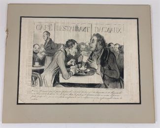 $75 - DAUMIER CAFE RESTAURANT DAGNAUX D'AMBERT & CO
LOCAL PICK UP BETHESDA MD                                   
Men's Breakfast in a French Café. Interesting characters in deep discussion.  This piece came from a large art collection of well known artists. It has been kept framed but shows some signs of wear and age on the outer edges.  Sold and shipped with mat unframed.
Honoré-Victorin Daumier was a French painter, sculptor, and printmaker, whose many works offer commentary on the social and political life in France, from the Revolution of 1830 to the fall of the second Napoleonic Empire in 1870.
DETAILS:
mat 17 1/4 x 13 7/8
art 13 7/8 x 9 7/8
Condition: This piece is in good condition. The piece shows some signs of wear, spotting and age on the outer edges but otherwise in good condition without tears or damage to the art.   See photos for more information.
