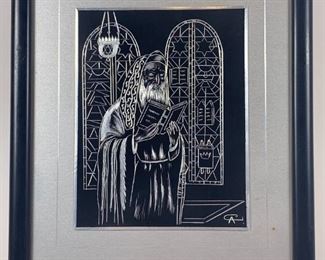 $100 - GEORGE AZOFF ENGRAVING OF A RABBI & BIBLE IN FRONT OF A STAINED GLASS WINDOW
 
LOCAL PICK UP BETHESDA MD 
This is an Engraved Alloy Art piece with frame by master alloy artist George Azoff. Framing is a sharp black to contrast with the bright silver of the alloy.  Initialed at lower right.
 
DETAILS:
Frame 7.25 x 9
Engraving 4 x 5.25
 
Condition: Pre owned in very good condition.  