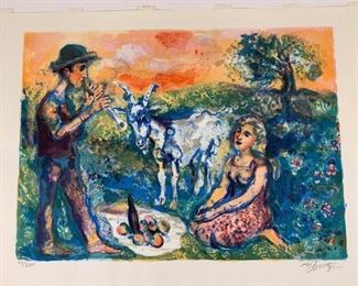$125 - WALTER SPITZER 75/200 SIGNED & NUMBERED LITHOGRAPH MUSICAL PICNIC
LOCAL PICK UP BETHESDA MD                                       
This art was created by Walter Spitzer, a Jewish artist who survived Nazi concentration camps by perceiving himself flying back to the idyllic Polish town where he grew up on the back of a pet goat. Spitzer changed his reality. Every night.  This work is a sweet scene of a young woman being serenaded by a young man playing the flute with his beloved goat in attendance.
CONDITION: In good condition.  Please refer to photos for a more detailed look at condition.  We make every attempt to list and photograph any defects or signs of wear that are significant to this sale. 
LOCAL PICK UP.   BUYER IS RESPONSIBLE FOR ANY NECESSARY DISASSEMBLY AND ALL COSTS ASSOCIATED WITH SHIPPING OR PICK UP.  PLEASE CONTACT US FOR SHIPPING REFERRALS