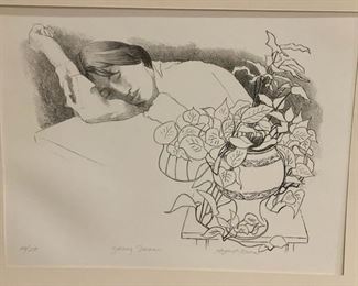 $100 - August Mosca "Young Dreamer" Pencil signed numbered 108/250 - ms11017
LOCATION: Bethesda, MD
WHY WE LOVE IT:
Lithograph, 1976.  Signed and Titled in pencil.  August Mosca's original lithograph, "Young Dreamer" is printed upon laid paper and with full deckled margins as published in the sole limited edition of two hundred and fifty impressions in New York by the Associated American Artists around 1970. This impression is signed, titled and numbered by the artist in pencil along the lower margin. "Young Dreamer" is a fine, original example of the lithographic art created by the American artist, August Mosca.
DETAILS + DIMENSIONS: image 9.5" x 12.5"
CONDITION: Please refer to photos for a more detailed look at condition.  We make every attempt to list and photograph any defects or signs of wear that are significant to this sale. 
LOCAL PICK UP BETHESDA MD.   BUYER IS RESPONSIBLE FOR ANY NECESSARY DISASSEMBLY AND ALL COSTS ASSOCIATED WITH SHIPPING OR PICK UP.  PLEASE CONTACT US FOR 