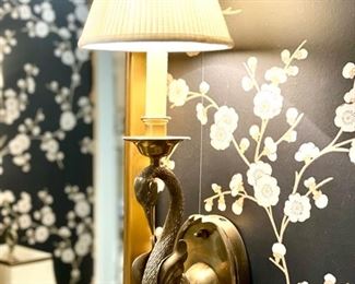 Pair of vintage Chapman brass swan sconces. Each Measures 5ʺW × 6ʺD × 16ʺL. Photo 1 of 2.