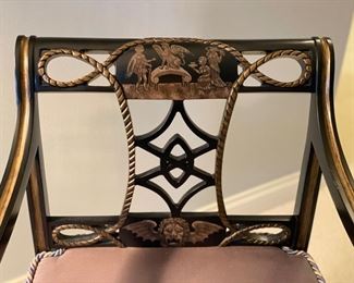 Set of two vintage Regency ebonized and gilt chinoiserie arm chairs with paw feet. Photo 2 of 3.