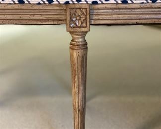 Navy blue and white velvet upholstered limed oak bench. Measures 42" W x 17" D x 20" H. Photo 2 of 3.