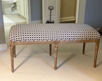 Navy blue and white velvet upholstered limed oak bench. Measures 42" W x 17" D x 20" H. Photo 1 of 3.