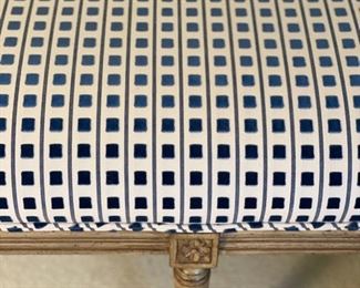 Navy blue and white velvet upholstered limed oak bench. Measures 42" W x 17" D x 20" H. Photo 3 of 3.