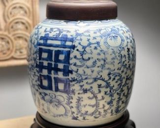 Blue & white chinoiserie ginger jar turned table lamp. Measures 22" H.