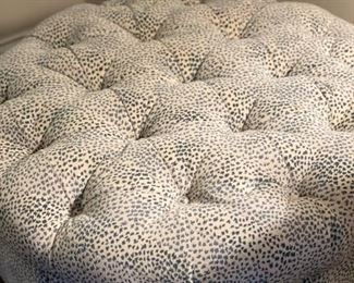 Upholstered, tufted and skirted blue and white animal print ottoman. Measures 35" D x 18" H. Photo 2 of 2.