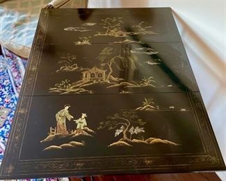 Vintage Chinese Export-style ebonized, gate-leg drop leaf table. Measures 28" D x 13.5"W. Two drop leaf sides each measure 12." Photo 3 of 3.