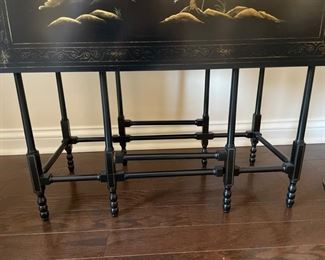 Vintage Chinese Export-style ebonized, gate-leg drop leaf table. Measures 28" D x 13.5"W. Two drop leaf sides each measure 12." Photo 2 of 3.