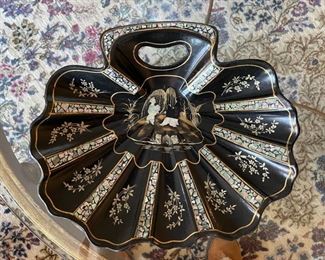 Antique paper mache ebony chinoiserie scallop plate with mother-of-pearl inlay detailing. Photo 1 of 2.