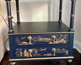 Vintage Chinese Export-style ebonized side table with gilt detailing and two drawers. Measures 20" W x 15" D x 28" H. Photo 1 of 4.