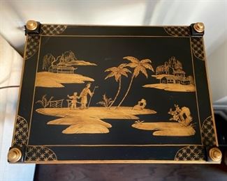 Vintage Chinese Export-style ebonized side table with gilt detailing and two drawers. Measures 20" W x 15" D x 28" H. Photo 2 of 4.