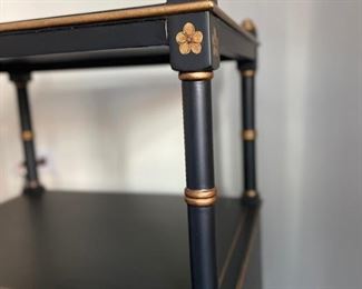 Vintage Chinese Export-style ebonized side table with gilt detailing and two drawers. Measures 20" W x 15" D x 28" H. Photo 3 of 4.