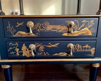 Vintage Chinese Export-style ebonized side table with gilt detailing and two drawers. Measures 20" W x 15" D x 28" H. Photo 4 of 4.