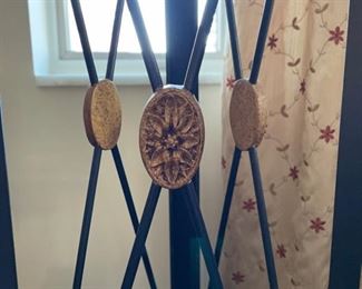 Ebony metal plant stand with gilt details - 2 available. Each measures 48" H x 16" D. Photo 4 of 5.