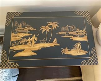 Vintage Chinese Export-style ebonized gilt side table with gilt detailing. Measures 28" x 18" x 27" H. Photo 2 of 4.