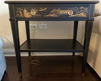 Vintage Chinese Export-style ebonized gilt side table with gilt detailing. Measures 28" x 18" x 27" H. Photo 1 of 4.