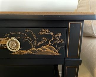 Vintage Chinese Export-style ebonized gilt side table with gilt detailing. Measures 28" x 18" x 27" H. Photo 3 of 4.