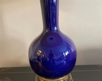Cobalt blue table lamp with Art Deco brass base. Photo 2 of 3.