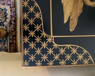 Vintage Chinese Export-style ebonized gilt side table with gilt detailing. Measures 28" x 18" x 27" H. Photo 4 of 4.