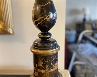 Chinese export style ebonized wood & gilt table lamp. Photo 1 of 2.