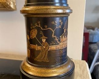 Chinese export style ebonized wood & gilt table lamp. Photo 2 of 2.