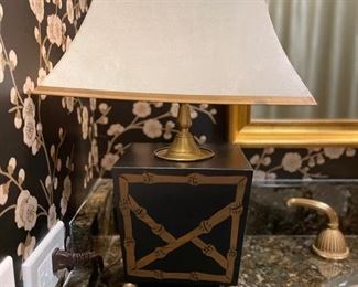 Vintage ebonized wood table lamp with gilt bamboo details. Photo 1 of 2.