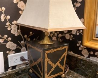 Vintage ebonized wood table lamp with gilt bamboo details. Photo 2 of 2.