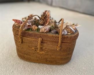 Vintage rattan basket purse with shell adornments. Photo 1 of 2.