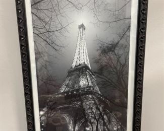Eiffel Tower framed black and white photograph. Measures 9” x 12”.