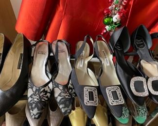 Five racks of size 8.5 designers shoes. Brands include Prada, Manolo Blahnik, Chanel, Stuart Weitzman, Zalo and more.