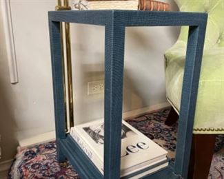 Tiny blue sea grass size table on casters. Measures 15” x 10” x 22”. Photo 1 of 3.