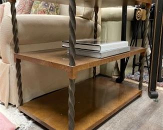 Vintage Baker three-self burl wood side table with barley twist brass sides. Measures 30” x 18” x 27.5” H. Photo 1 of 3.