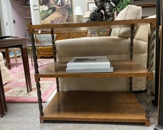 Vintage Baker three-self burl wood side table with barley twist brass sides. Measures 30” x 18” x 27.5” H. Photo 2 of 3.